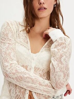 NWT Free People Alchemy Lace Top Tofu Cream XL Button Front Boho Blouse Rare NEW